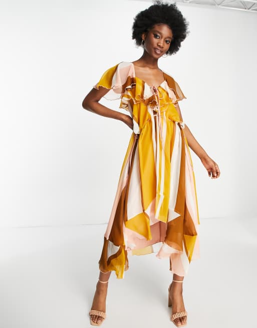 ASOS DESIGN – Sukienka midi w paski z falbaną i sznurowanym przodem