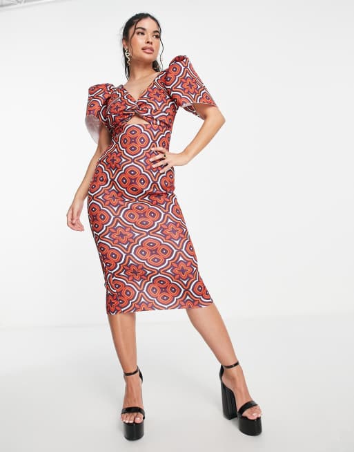 ASOS DESIGN – Sukienka midi z bufiastymi rękawami, skręconym przodem i geometrycznym nadrukiem