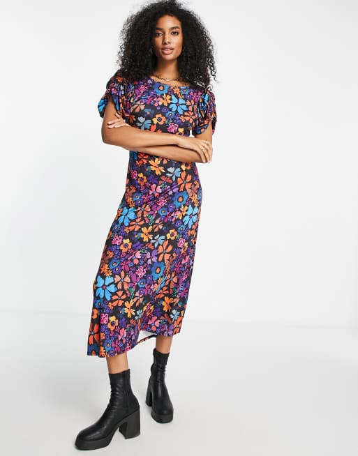 ASOS DESIGN – Sukienka midi z bufkami w jaskrawy kwiatowy wzór