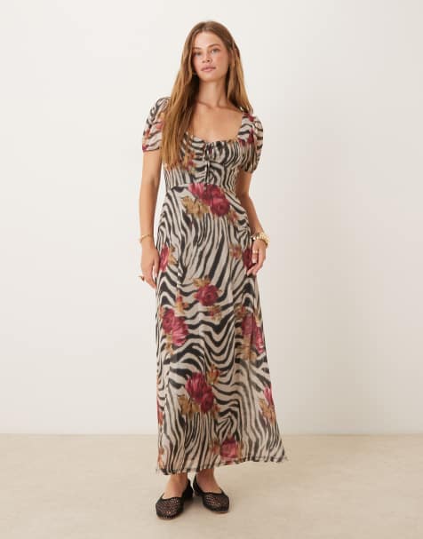 ASOS DESIGN – Sukienka midi z bufkami w zwierzęcy wzór i kwiaty - view 1