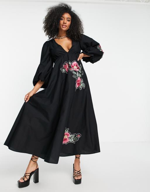 ASOS DESIGN – Sukienka midi z czarnej popeliny z bufkami w patchworkowy haftowany wzór