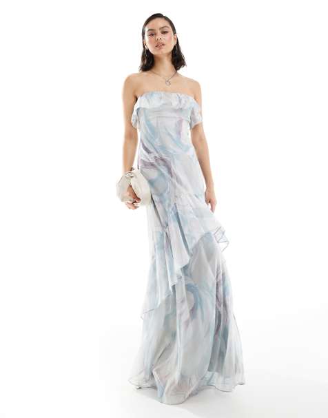 ASOS DESIGN – Sukienka midi z dekoltem bandeau i falbanką w abstrakcyjny wzór - view 1