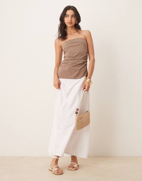 ASOS DESIGN bandeau midi dress with poplin skirt in mocha and white