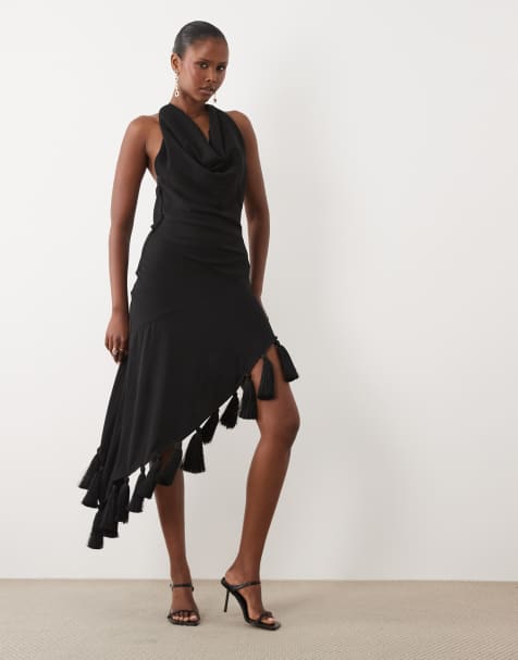ASOS DESIGN sukienka midi z dekoltem typu halter, asymetryczna, z frędzlami u dołu, czarna - view 1
