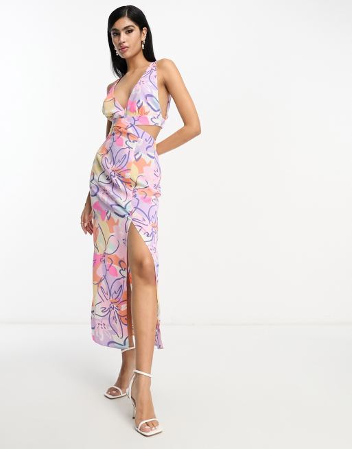 ASOS DESIGN – Sukienka midi z dekoltem typu halter i wycięciem w kolorowy kwiatowy wzór