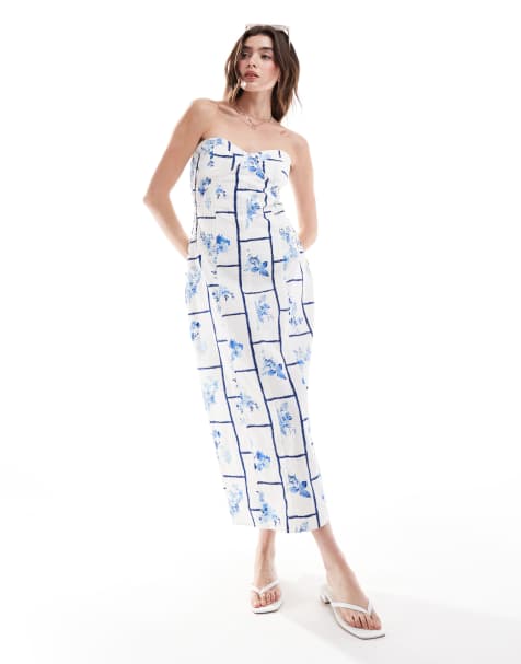 ASOS DESIGN – Sukienka midi z diagonalu z dekoltem bandeau i niebieskim kafelkowym wzorem w kwiaty - view 1
