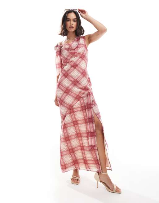 ASOS DESIGN – Sukienka midi z drapowanym dekoltem i kokardką we wzór w kratkę