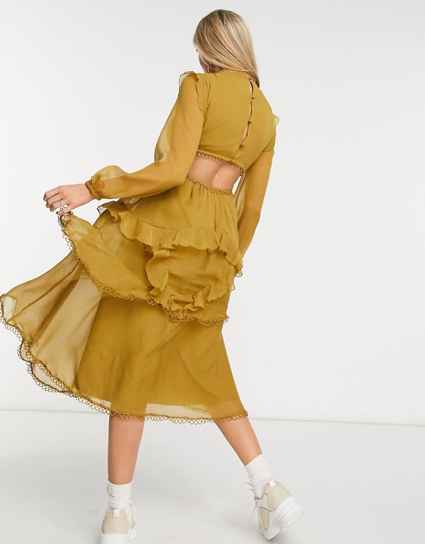  Online ASOS DESIGN – Sukienka midi z długim rękawem i ozdobnym wykończeniem Mustard
