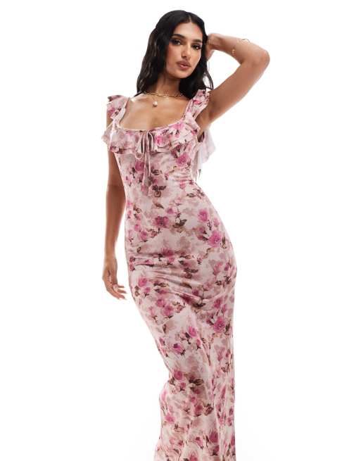 ASOS DESIGN – Sukienka midi z łezką i falbanką w drobny kwiatowy wzór