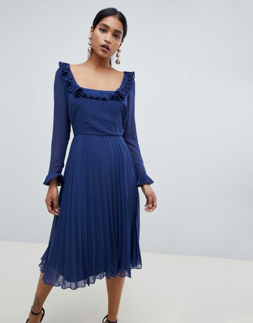 ASOS DESIGN – Sukienka midi z falbankami i kwadratowym dekoltem oraz długimi rękawami