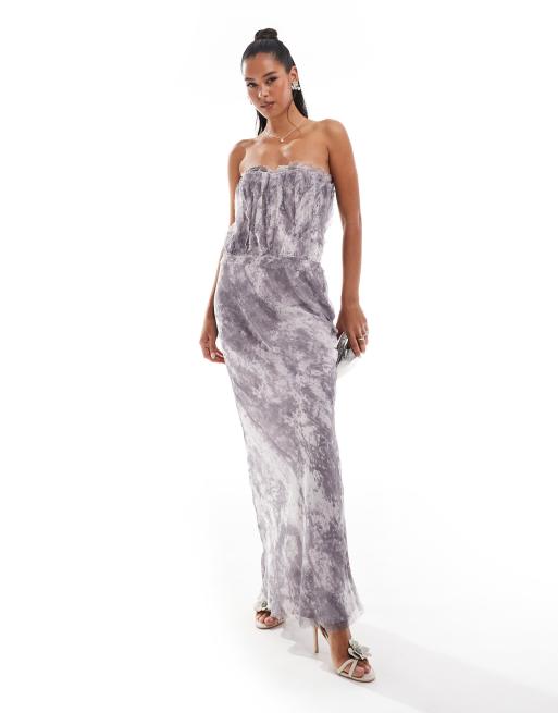 ASOS DESIGN – Sukienka midi z gorsetowym dekoltem bandeau i surowym wykończeniem w marmurkowy wzór