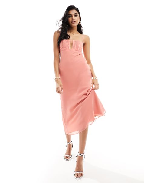 ASOS DESIGN – Sukienka midi z gorsetowym dekoltem w różano-różowym kolorze - view 1