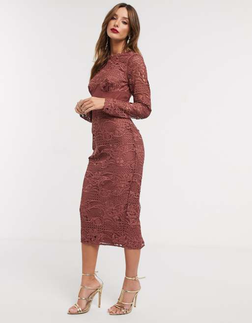 ASOS DESIGN – Sukienka midi z koronki z gorsetowym wiązaniem w talii