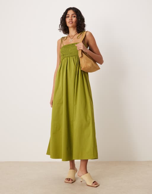 ASOS DESIGN – Sukienka midi z marszczoną górą z bawełnianej popeliny w kolorze khaki