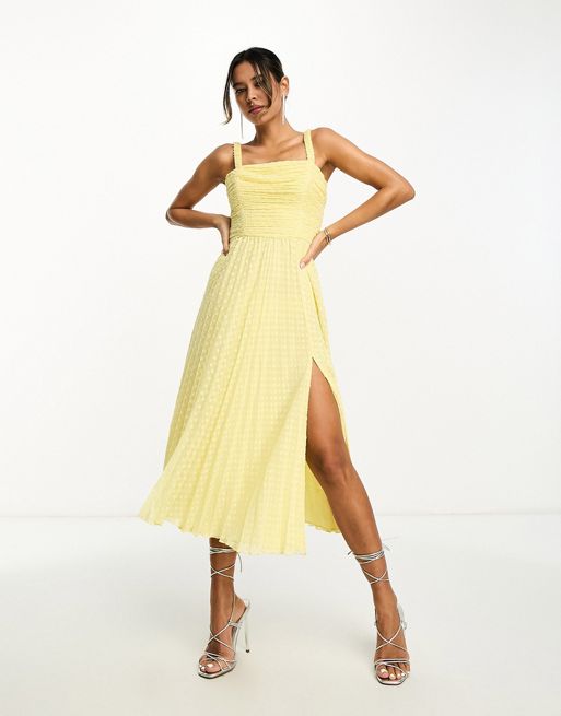 FhyzicsShops DESIGN – Sukienka midi z marszczonymi ramiączkami i korpusem, z plisowaną spódnicą w cytrynowym kolorze