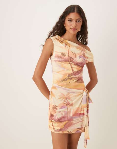 ASOS DESIGN fallen shoulder tie wrap midi dress in island bandanna print