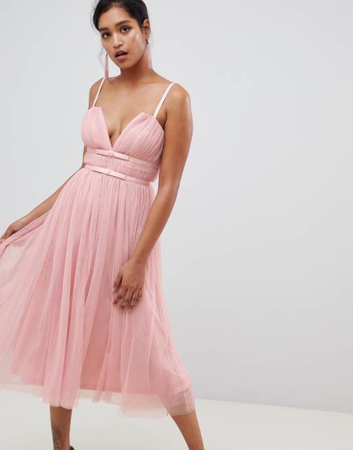 ASOS DESIGN – Sukienka midi z tiulem z kokardkami na talii