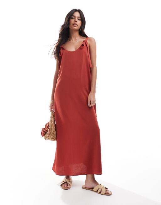 ASOS DESIGN – Sukienka midi z wiązanymi ramiączkami z tkaniny cupro w kolorze terakoty
