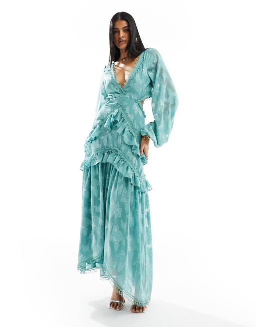 ASOS DESIGN – Sukienka midi z wycięciem w kolorze morskiej zieleni w żakardowy kwiatowy wzór