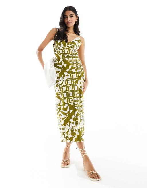ASOS DESIGN – Sukienka midi z wydłużoną górą w kolorze khaki w geometryczny wzór