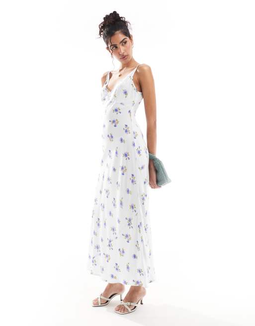ASOS DESIGN – Sukienka midi z wydłużonymi miseczkami, w niebieski, kwiatowy wzór