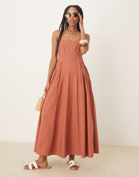 ASOS DESIGN scoop neck pleat waist midi dress in terracotta