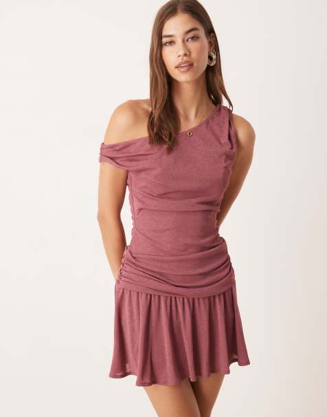 ASOS DESIGN fallen shoulder flippy mini dress in mulberry