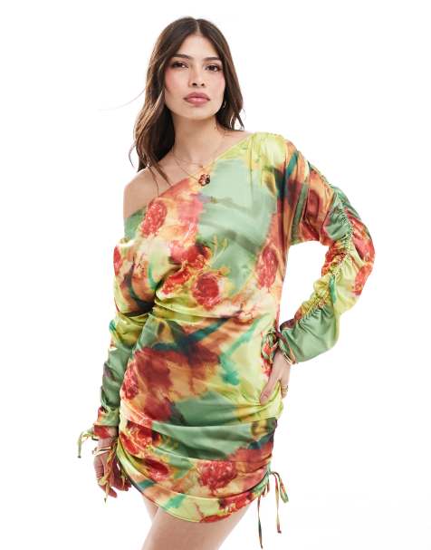 ASOS DESIGN – Sukienka mini na jedno ramię z marszczonymi rękawami w jaskrawy kwiatowy wzór - view 1
