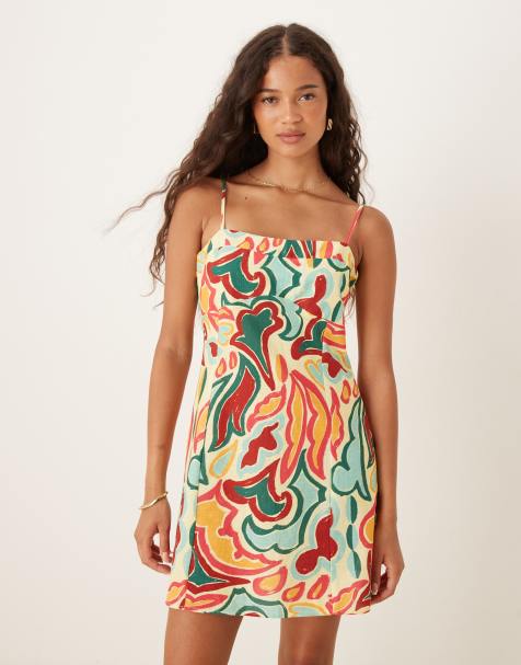 ASOS DESIGN cotton linen colour block cami mini dress in muted swirl print