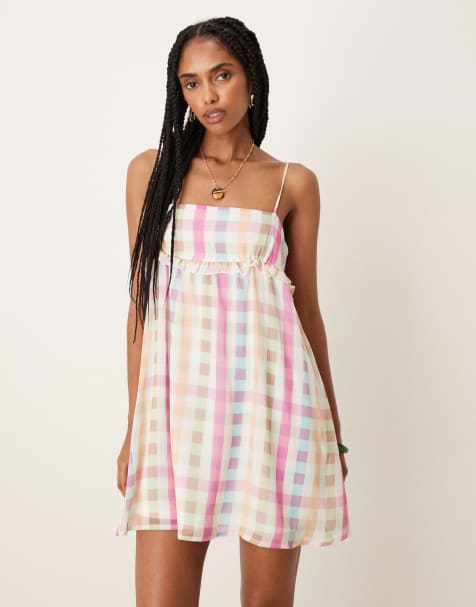 ASOS DESIGN – Sukienka mini na wiązanych ramiączkach w niebieską kratkę vichy - view 1