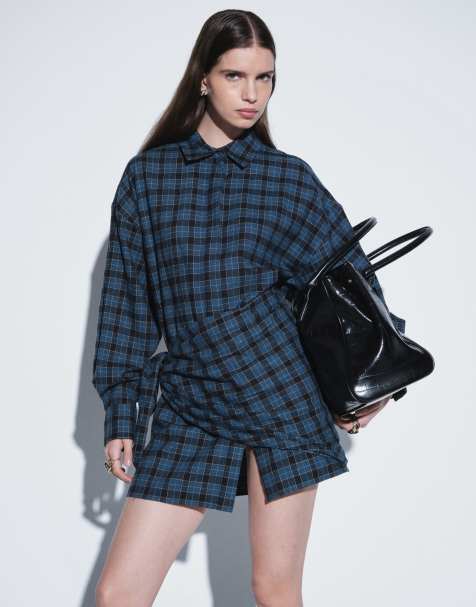 ASOS DESIGN sukienka mini o kroju boyfriend z wielofunkcyjnym detalem szalika w granatową kratę - view 1
