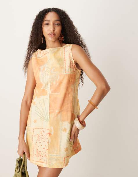 ASOS DESIGN slash neck mini shift dress in vintage beach print
