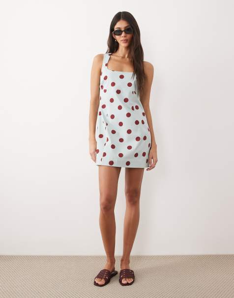 ASOS DESIGN sukienka mini sundress z kwadratowym dekoltem, usztywniana, bawełniana, w niebiesko-bordowe kropki - view 1