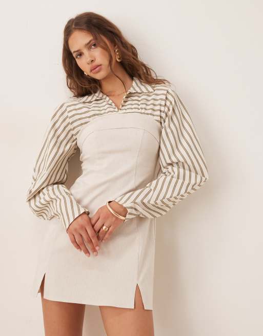 ASOS DESIGN – Sukienka mini w kolorze naturalnym i koszula w paski 2 w 1 z bengaliny z domieszką lnu