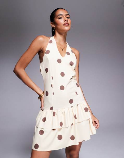 ASOS DESIGN – Sukienka mini w kolorze neutralnym w groszki z dekoltem typu halter i falbanką - view 1