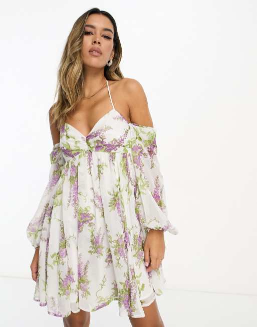 ASOS DESIGN – Sukienka mini w stylu babydoll z dekoltem bardot w kwiatowy wzór