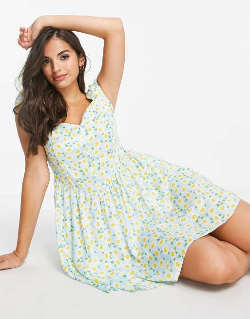 ASOS DESIGN – Sukienka mini w stylu lat 90. w niebieskie kwiaty