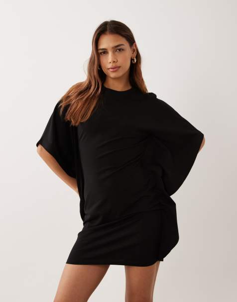 ASOS DESIGN sukienka mini w stylu peleryny z kołnierzykiem typu tee w czerni - view 1