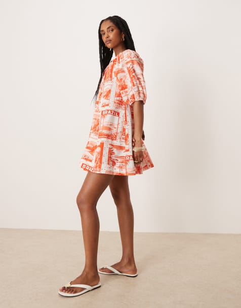 ASOS DESIGN – Sukienka mini z bufkami z bawełnianej popeliny w czerwony pocztówkowy wzór - view 1