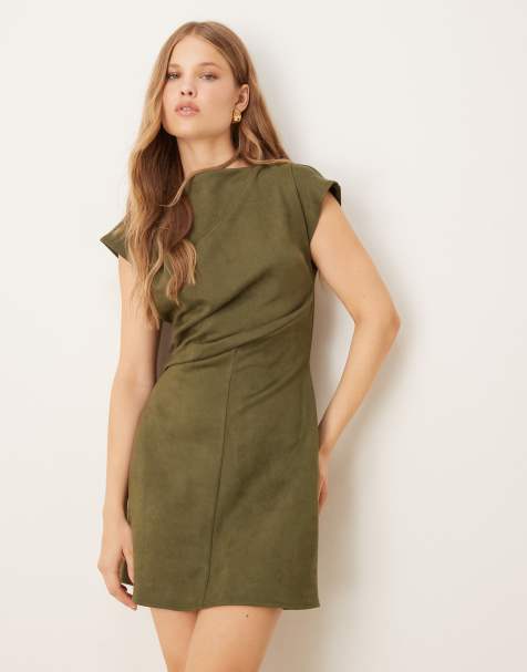 ASOS DESIGN  suede drape mini dress in khaki in scuba-style fabric