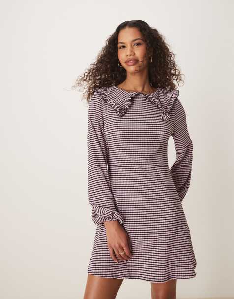 ASOS DESIGN – Sukienka mini z długimi rękawami i kołnierzykiem z falbanką w kratkę vichy - view 1