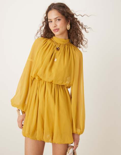 ASOS DESIGN long sleeve blouson mini dress with skirt in ochre
