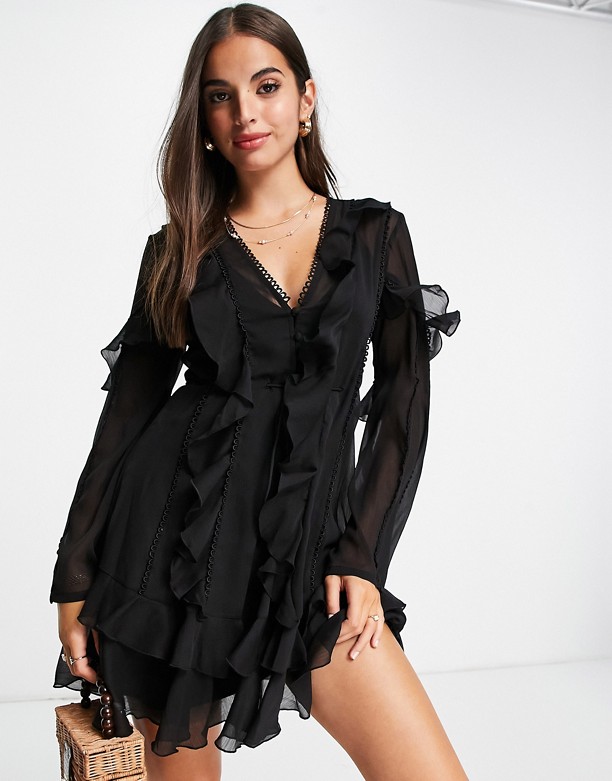  Ograniczony ASOS DESIGN – Sukienka mini z falbaną, guzikami z przodu i koronkowymi wstawkami Black