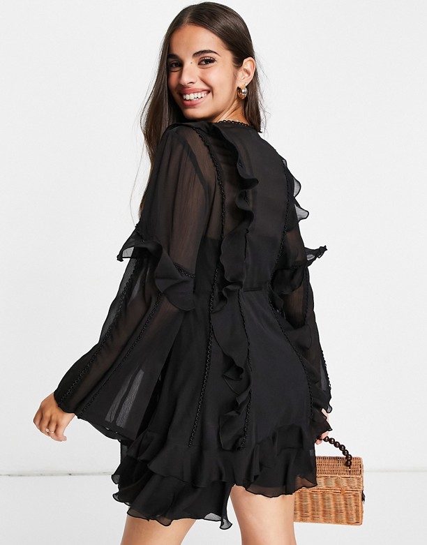  Ograniczony ASOS DESIGN – Sukienka mini z falbaną, guzikami z przodu i koronkowymi wstawkami Black