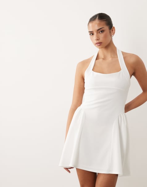 ASOS DESIGN – Sukienka mini z krepy z marszczoną spódnicą w kolorze kości słoniowej - view 1