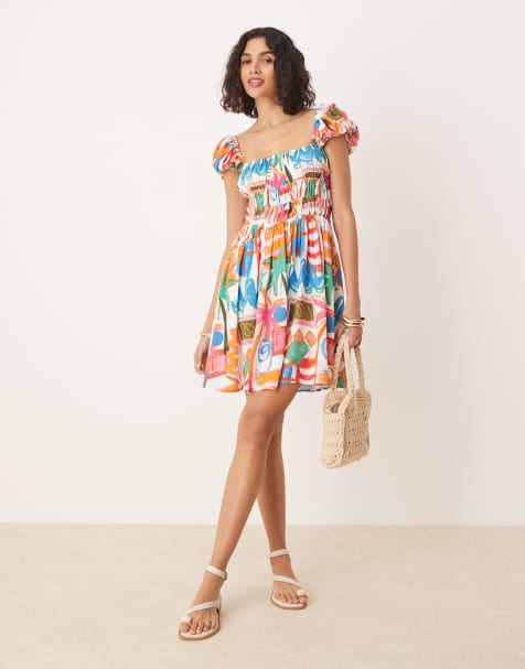 ASOS DESIGN square neck mini dress with cinched channel waist in conversational print