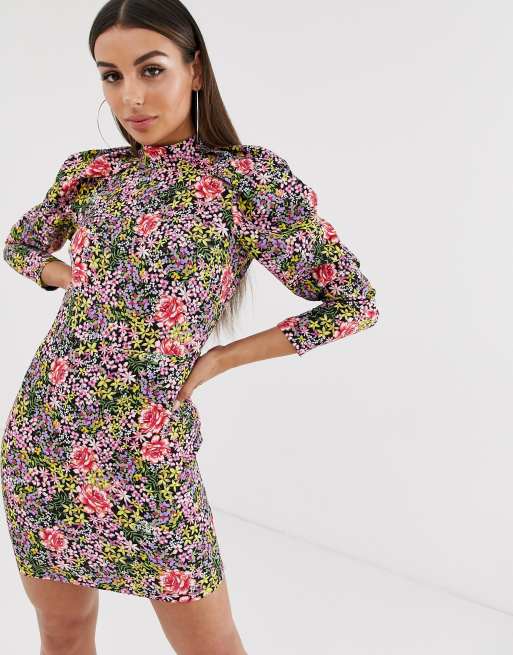 ASOS DESIGN – Sukienka mini z mocno bufiastymi rękawami w jaskrawy wzór kwiatowy