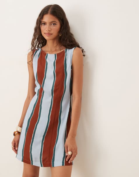 ASOS DESIGN – Sukienka mini z prostym dekoltem z mieszanki lnianej w niebieskie szerokie paski - view 1