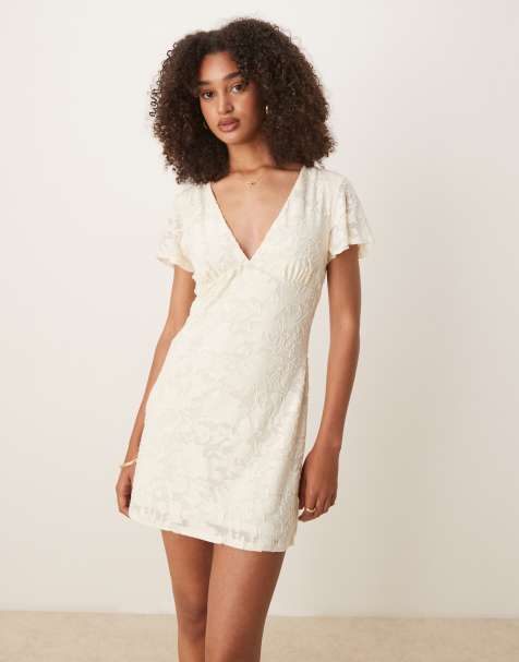 ASOS DESIGN flutter sleeve V neck mini dress in neutral burnout