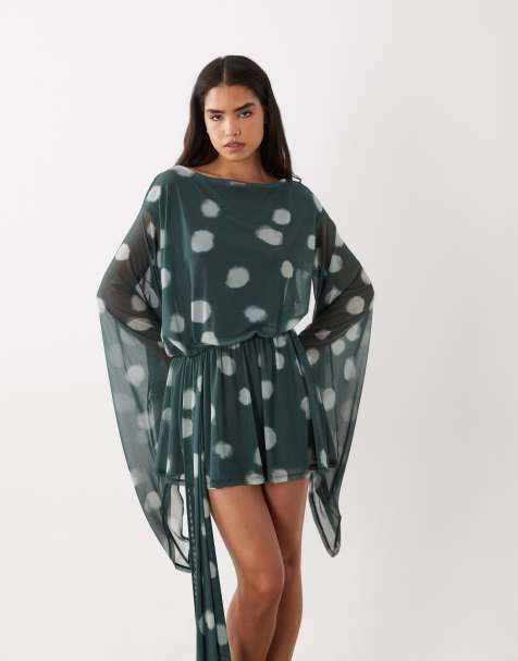 ASOS DESIGN sukienka mini z siateczki w kropki, wiązana po bokach, z bardzo szerokimi rękawami, w kolorze teal - view 1
